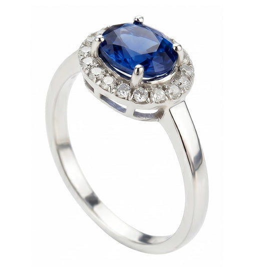 Anello in oro bianco 14K con zaffiro di Ceylon ovale da 2,40 ct e diamanti