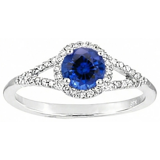 Anello in oro bianco 14K con zaffiro di Ceylon rotondo da 4,50 ct e diamanti