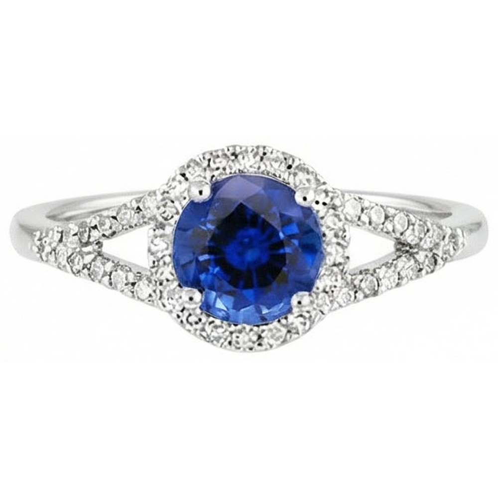 Anello in oro bianco 14K con zaffiro di Ceylon rotondo da 4,50 ct e diamanti