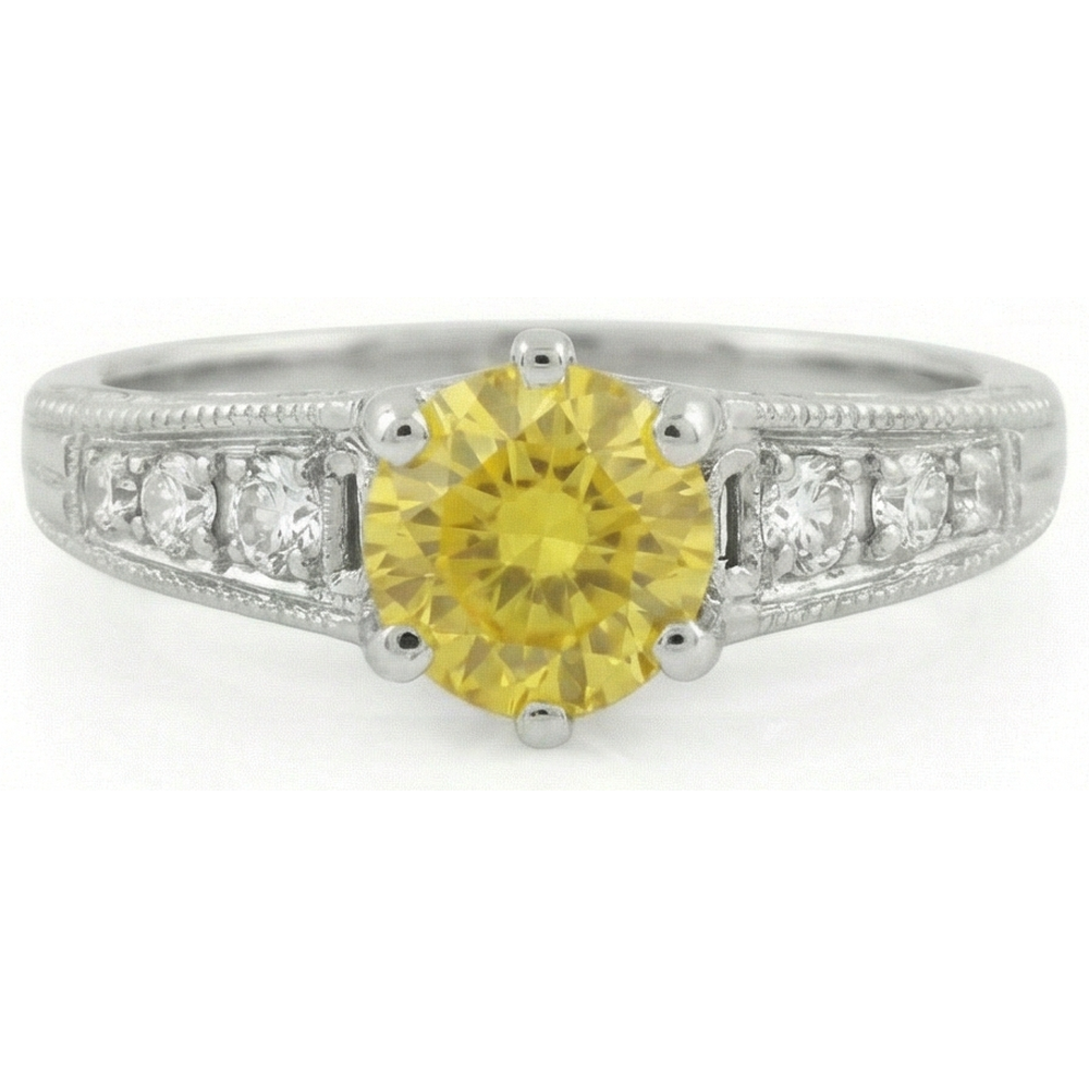 Anello in oro bianco 14K con zaffiro giallo a taglio rotondo da 2,50 ct e diamanti