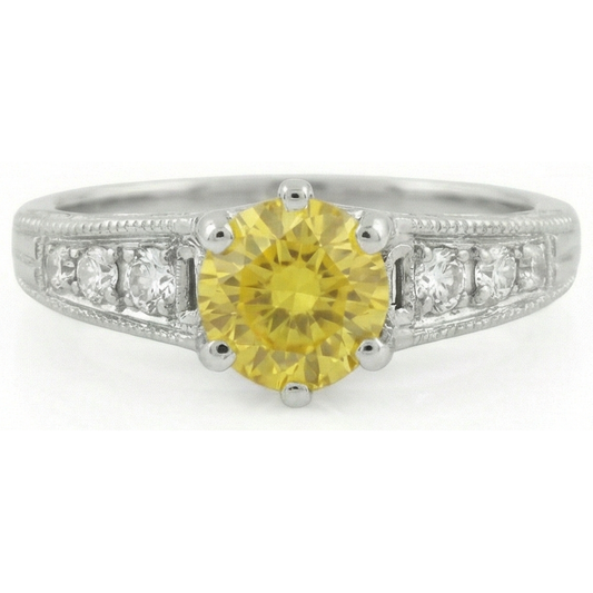 Anello in oro bianco 14K con zaffiro giallo a taglio rotondo da 2,50 ct e diamanti