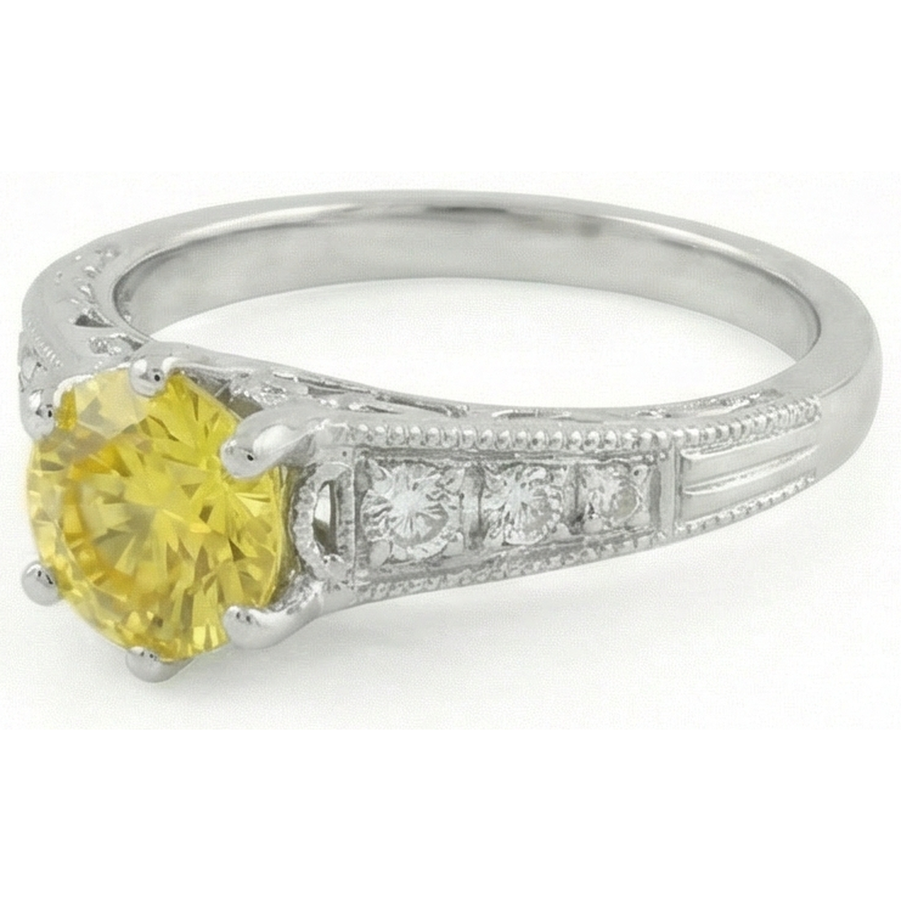 Anello in oro bianco 14K con zaffiro giallo a taglio rotondo da 2,50 ct e diamanti
