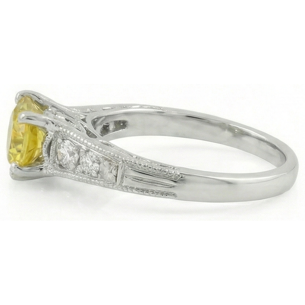 Anello in oro bianco 14K con zaffiro giallo a taglio rotondo da 2,50 ct e diamanti