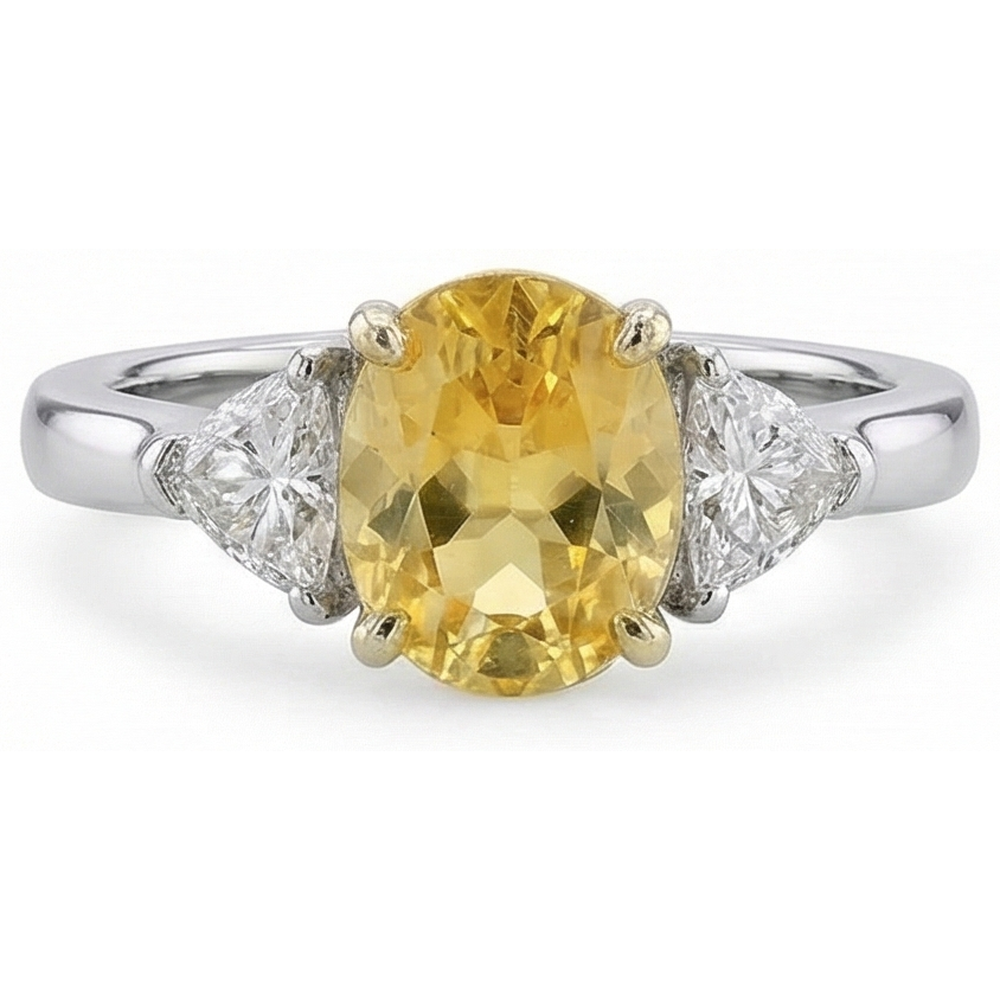 Anello in oro bianco 14K con zaffiro giallo ovale e trilioni di diamanti da 4 ct