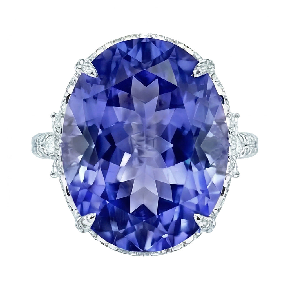 Anello in oro bianco 14K cuscino con zaffiro di Ceylon e diamante 6 carati