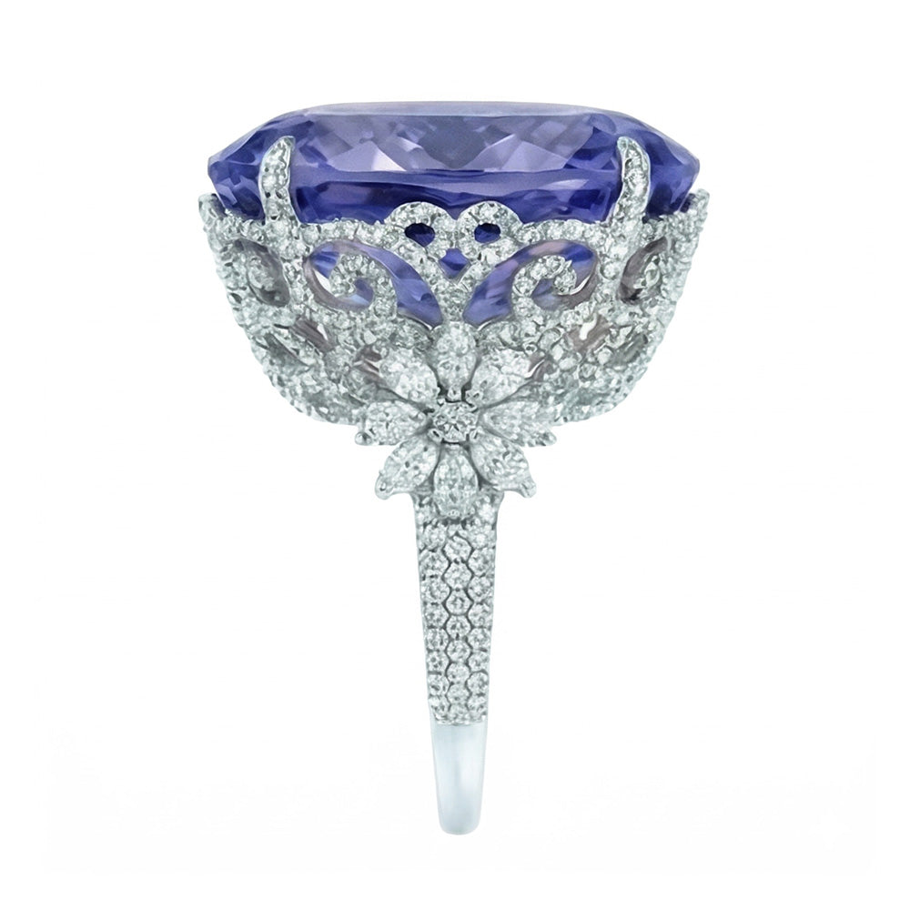 Anello in oro bianco 14K cuscino con zaffiro di Ceylon e diamante 6 carati