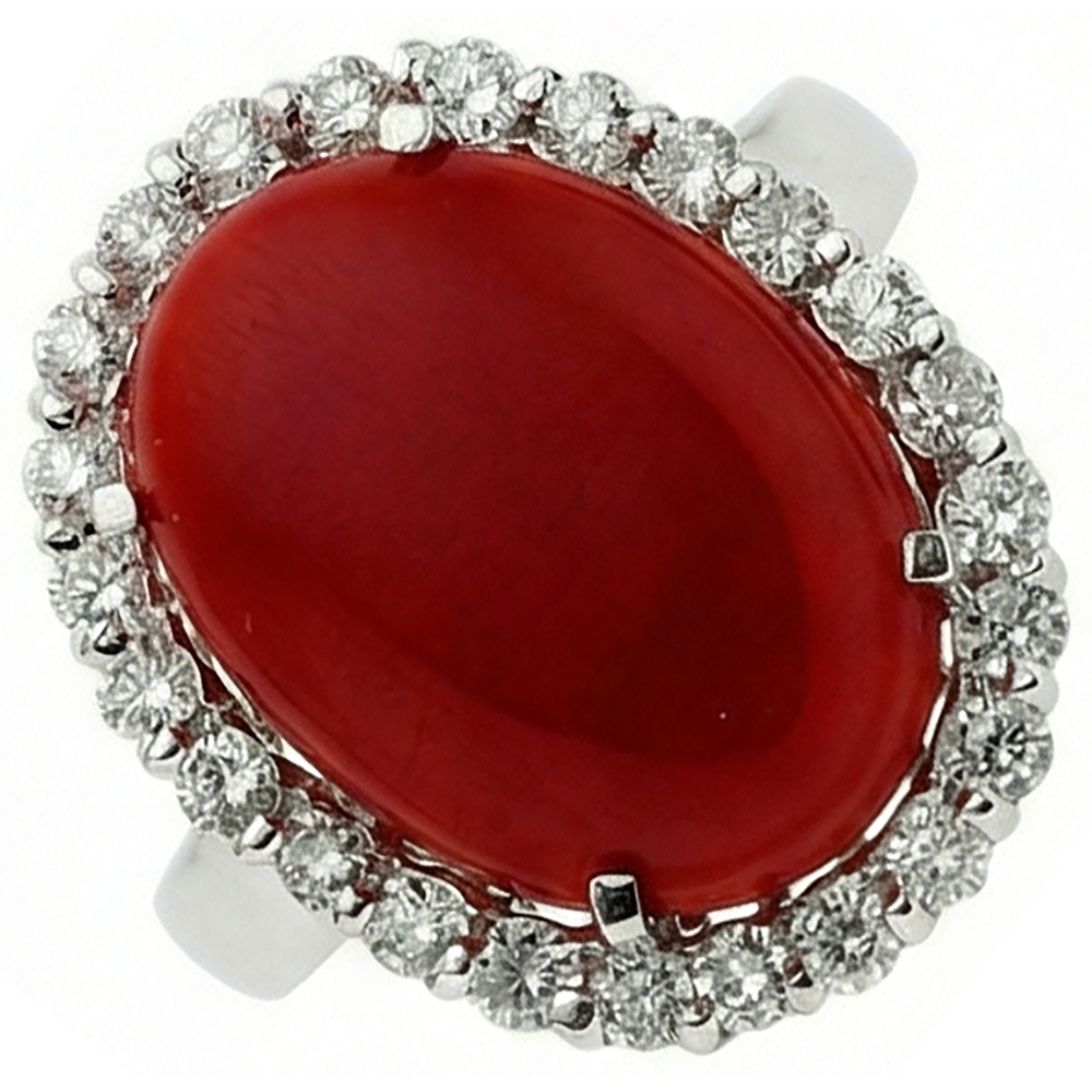 Anello in oro bianco 14k con corallo rosso e diamanti incastonati da 11.25 ct