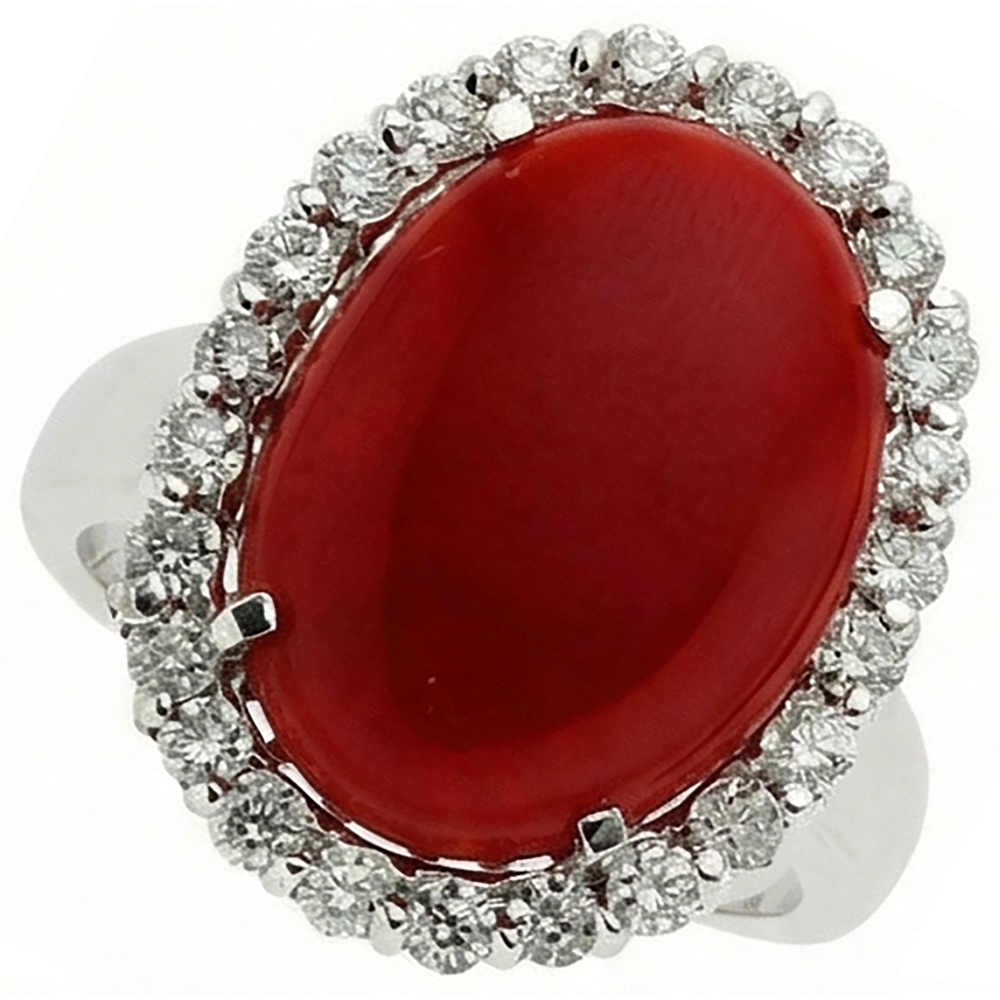 Anello in oro bianco 14k con corallo rosso e diamanti incastonati da 11.25 ct