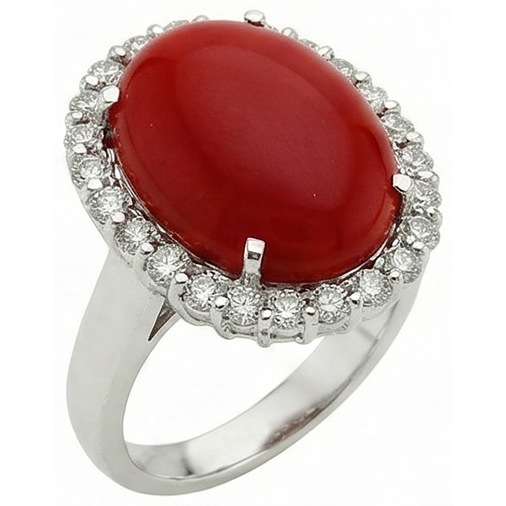 Anello in oro bianco 14k con corallo rosso e diamanti incastonati da 11.25 ct