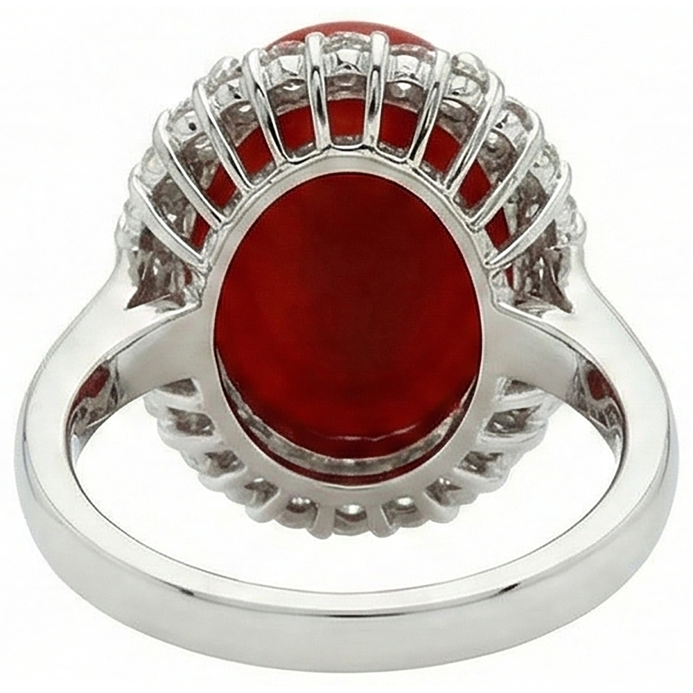 Anello in oro bianco 14k con corallo rosso e diamanti incastonati da 11.25 ct