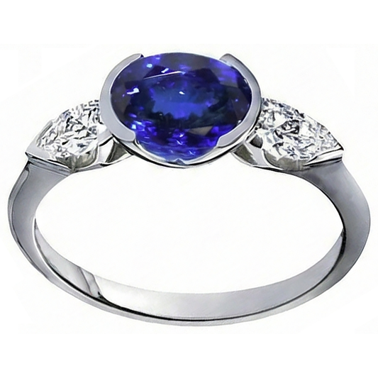 Anello in oro bianco 14k con diamante tanzanite ovale da 3 ct e 3 pietre