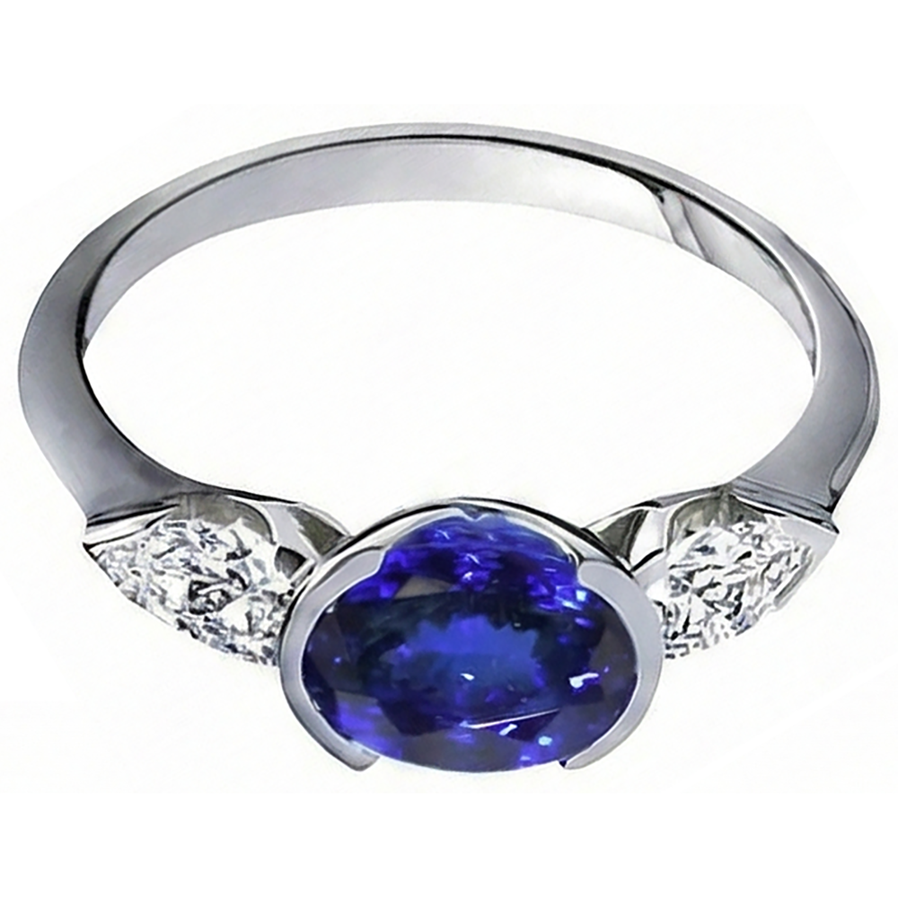 Anello in oro bianco 14k con diamante tanzanite ovale da 3 ct e 3 pietre