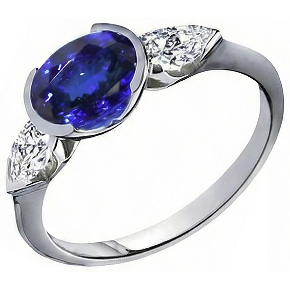 Anello in oro bianco 14k con diamante tanzanite ovale da 3 ct e 3 pietre