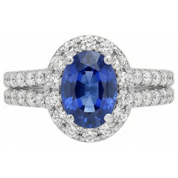 Anello in oro bianco 14k con zaffiro blu ovale e diamanti rotondi da 3 ct