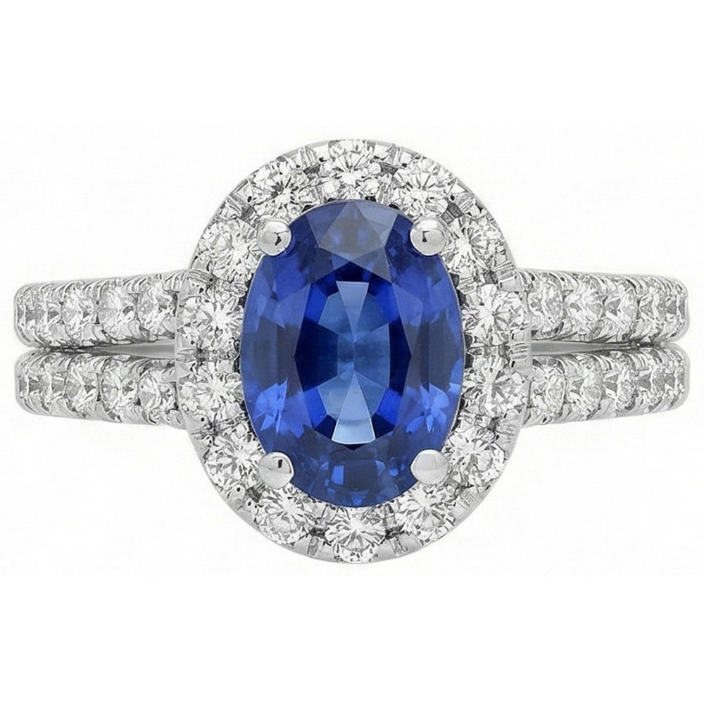 Anello in oro bianco 14k con zaffiro blu ovale e diamanti rotondi da 3 ct