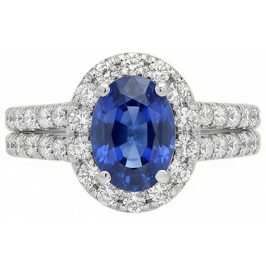 Anello in oro bianco 14k con zaffiro blu ovale e diamanti rotondi da 3 ct