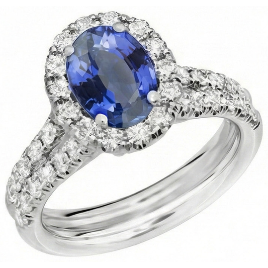 Anello in oro bianco 14k con zaffiro blu ovale e diamanti rotondi da 3 ct