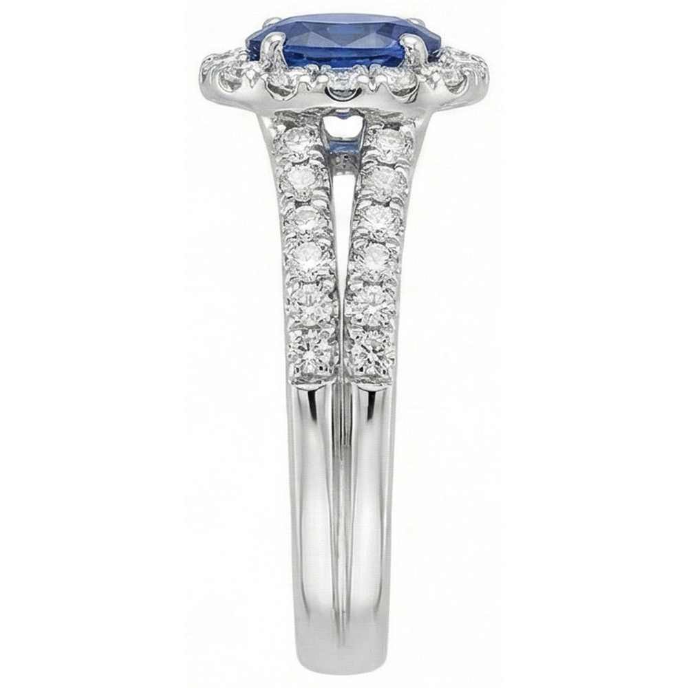 Anello in oro bianco 14k con zaffiro blu ovale e diamanti rotondi da 3 ct