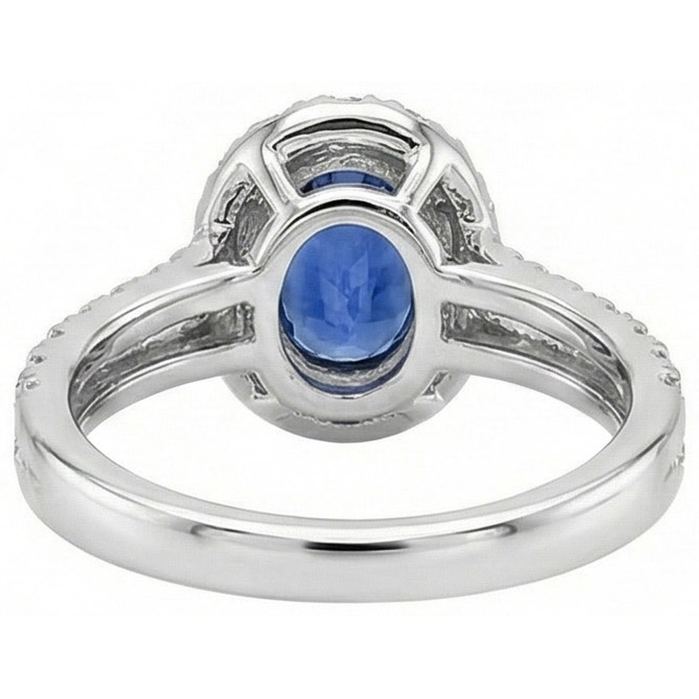 Anello in oro bianco 14k con zaffiro blu ovale e diamanti rotondi da 3 ct