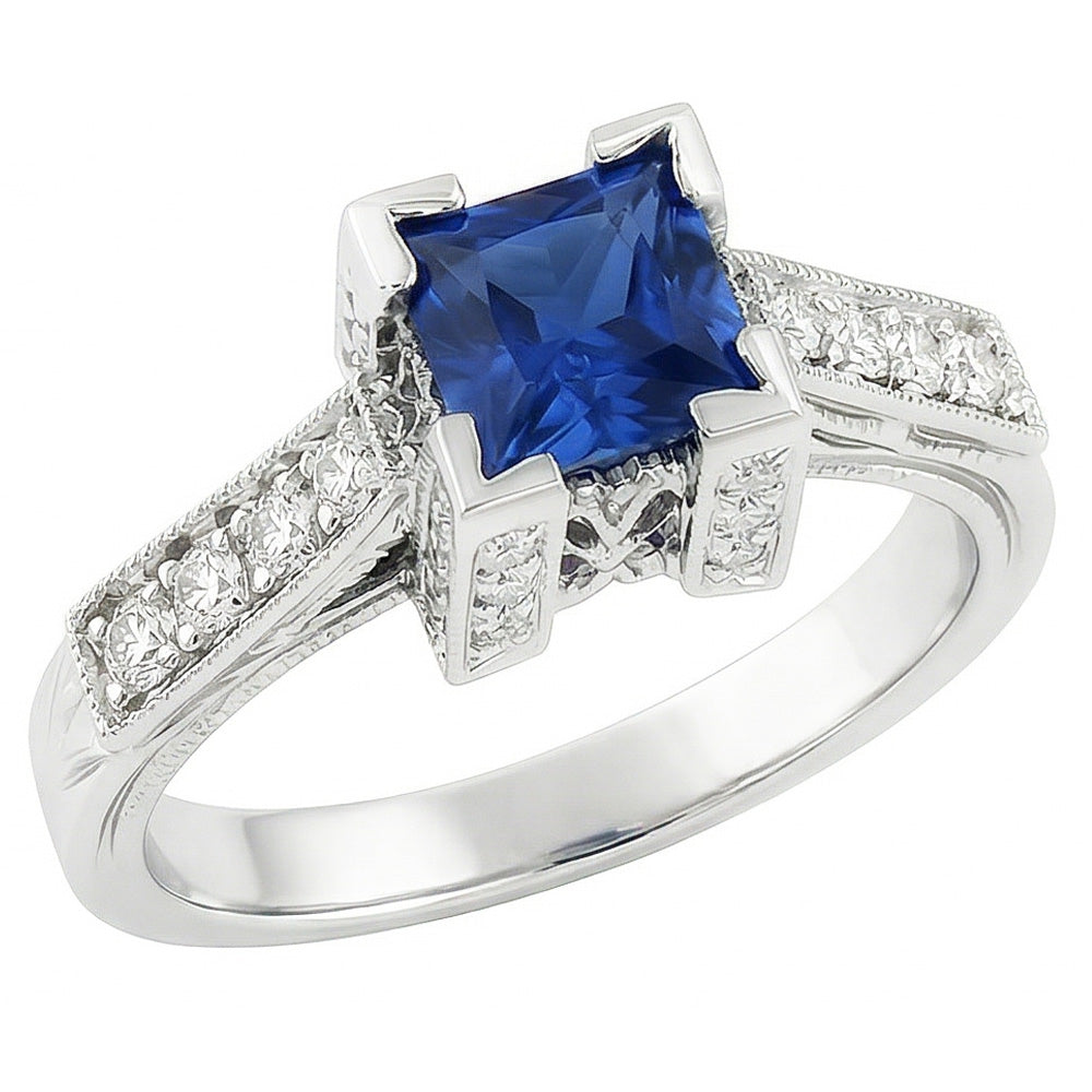 Anello in oro bianco 14k con zaffiro di Ceylon e diamanti da 2.80 ct