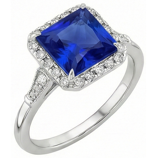 Anello in oro bianco 6 carati con diamante Halo e zaffiro di Ceylon in stile antico