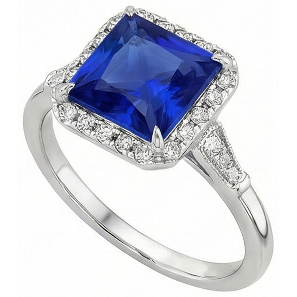 Anello in oro bianco 6 carati con diamante Halo e zaffiro di Ceylon in stile antico