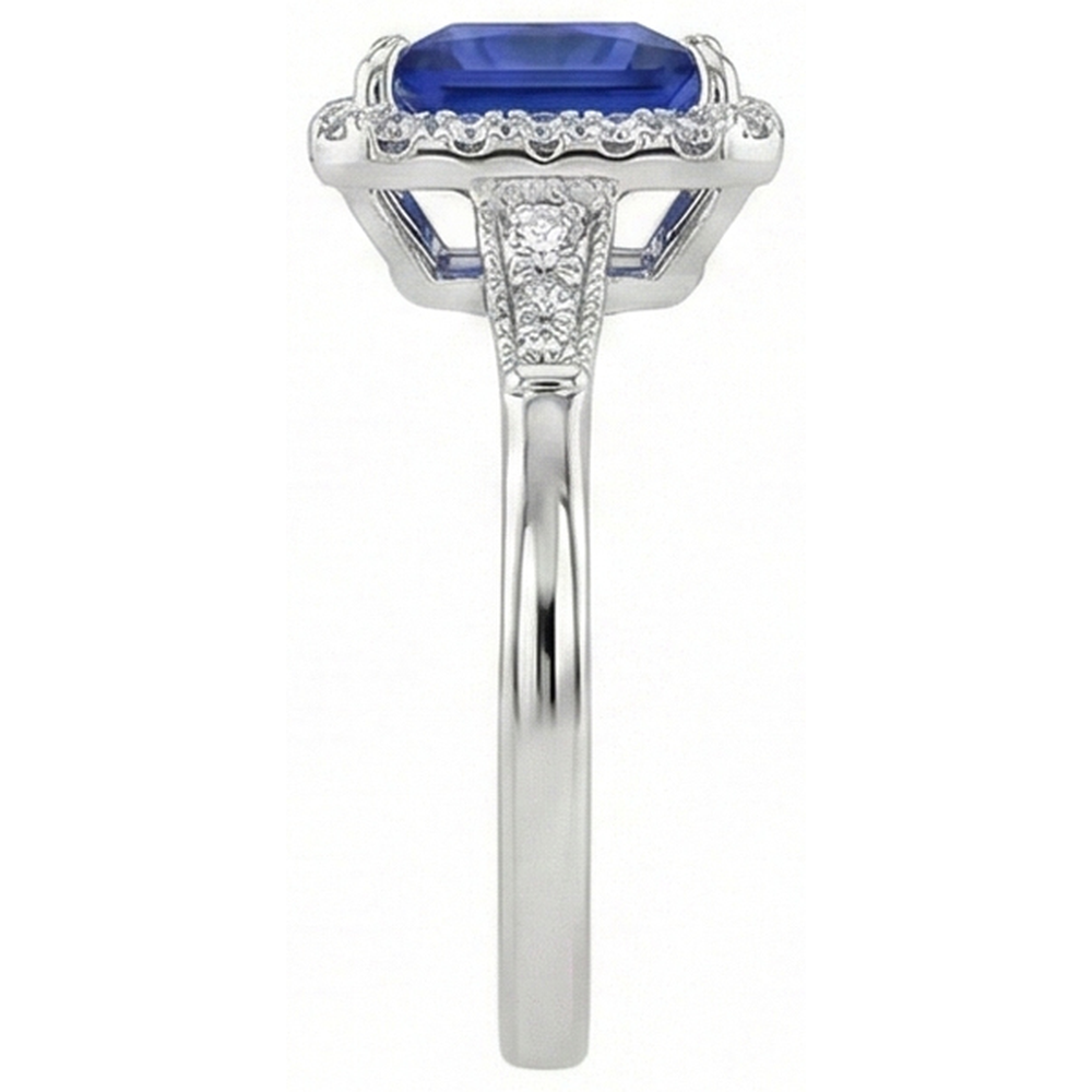 Anello in oro bianco 6 carati con diamante Halo e zaffiro di Ceylon in stile antico
