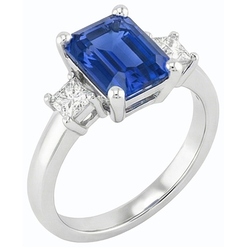 Anello in oro bianco con 3 pietre Zaffiro blu e diamanti Princess 2.50 carati