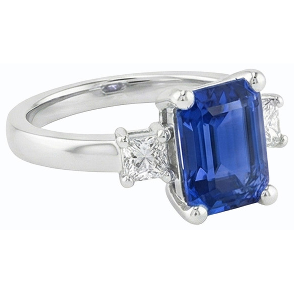 Anello in oro bianco con 3 pietre Zaffiro blu e diamanti Princess 2.50 carati