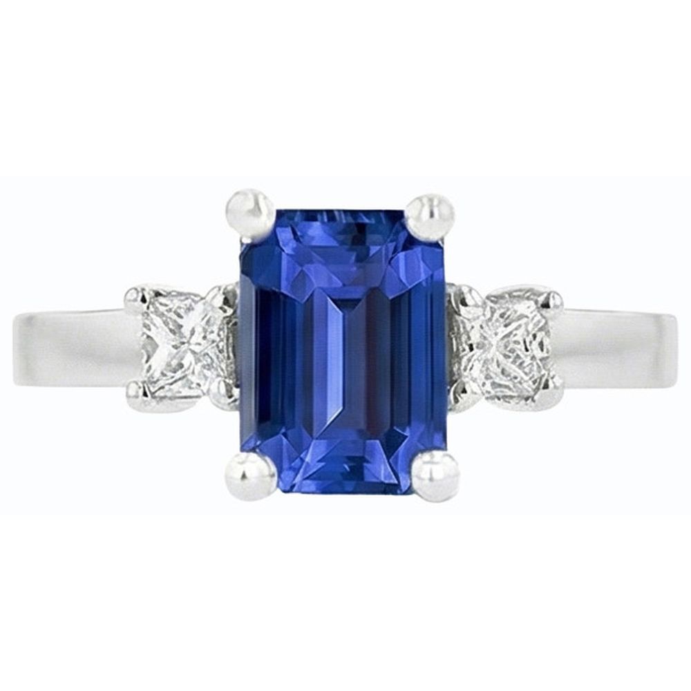 Anello in oro bianco con 3 pietre Zaffiro blu e diamanti Princess 2.50 carati