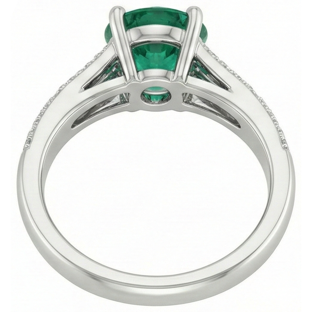 Anello in oro bianco con Verde smeraldo rotondo e diamanti in pietra preziosa 3 carati