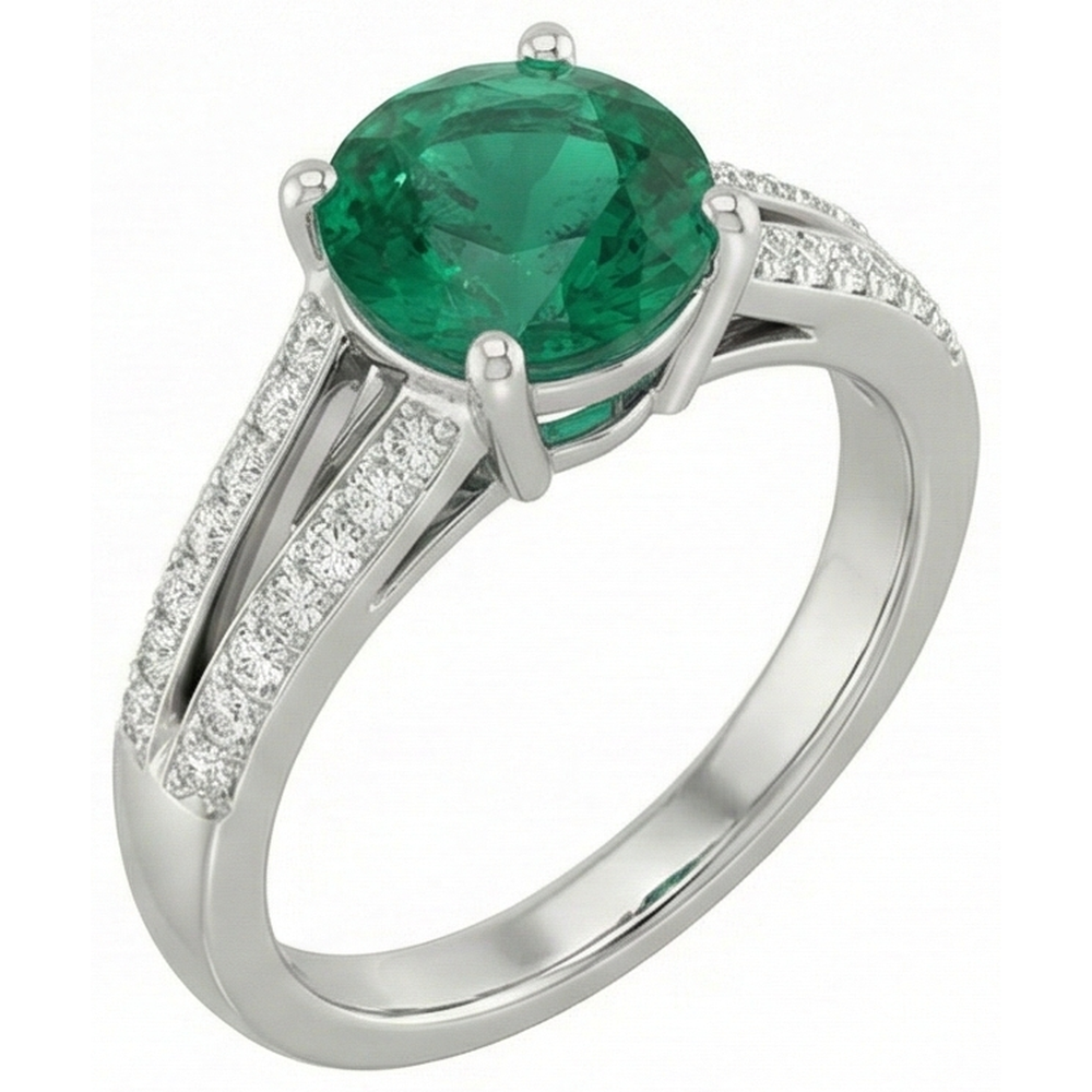Anello in oro bianco con Verde smeraldo rotondo e diamanti in pietra preziosa 3 carati
