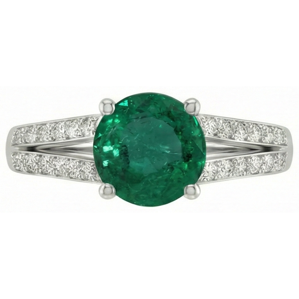 Anello in oro bianco con Verde smeraldo rotondo e diamanti in pietra preziosa 3 carati