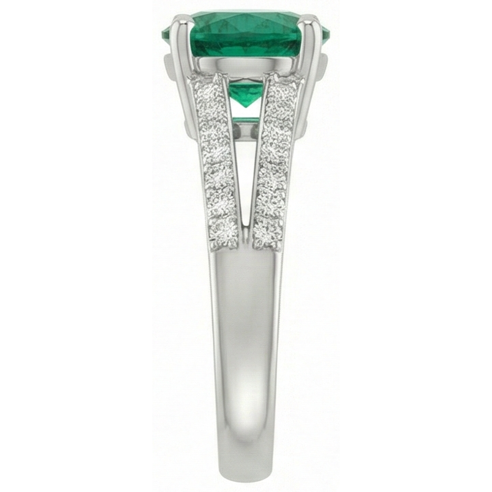 Anello in oro bianco con Verde smeraldo rotondo e diamanti in pietra preziosa 3 carati