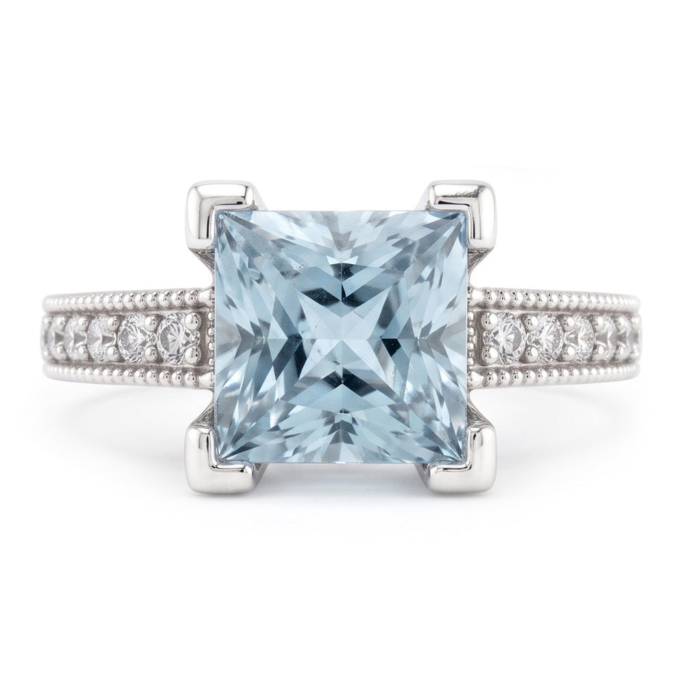 Anello in oro bianco con acquamarina taglio princess con diamanti rotondi 16 ct