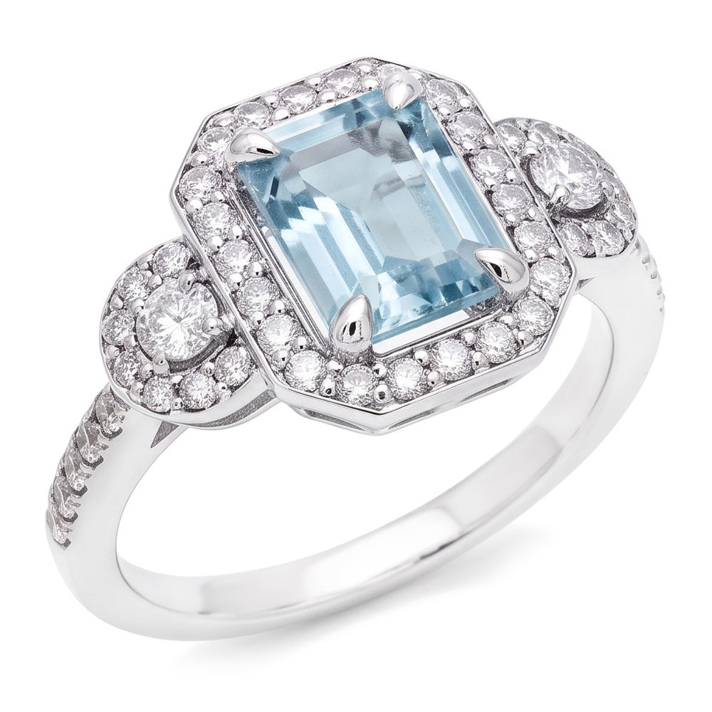 Anello in oro bianco con acquamarina taglio smeraldo da 6.25 ct e piccoli diamanti