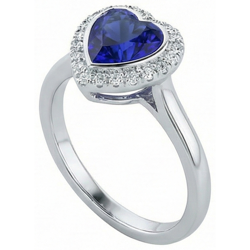 Anello in oro bianco con anello a forma di cuore con zaffiro blu intenso 4 carati