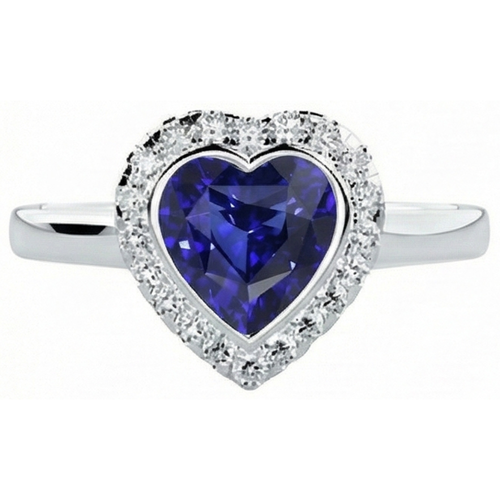 Anello in oro bianco con anello a forma di cuore con zaffiro blu intenso 4 carati