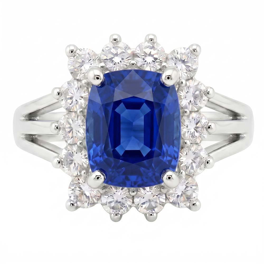 Anello in oro bianco con cuscino in zaffiro dello Sri Lanka e diamanti 6 ct