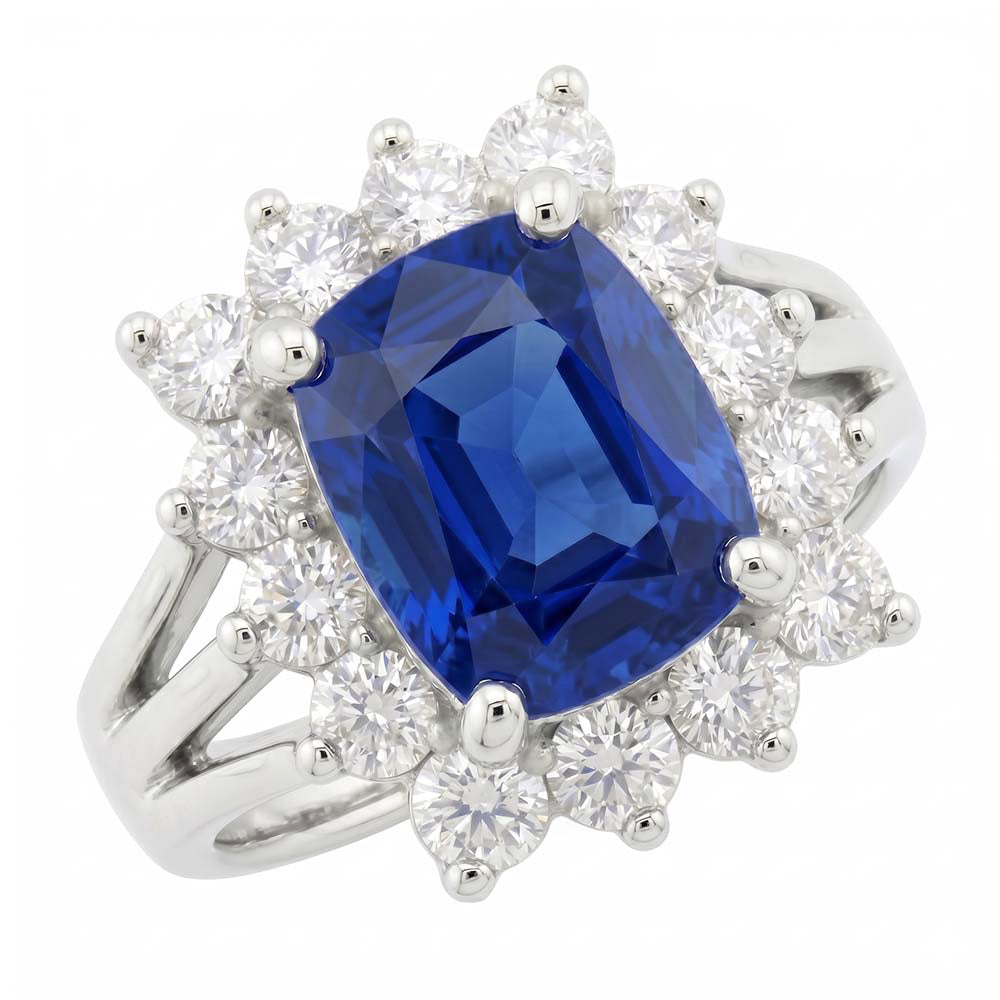 Anello in oro bianco con cuscino in zaffiro dello Sri Lanka e diamanti 6 ct
