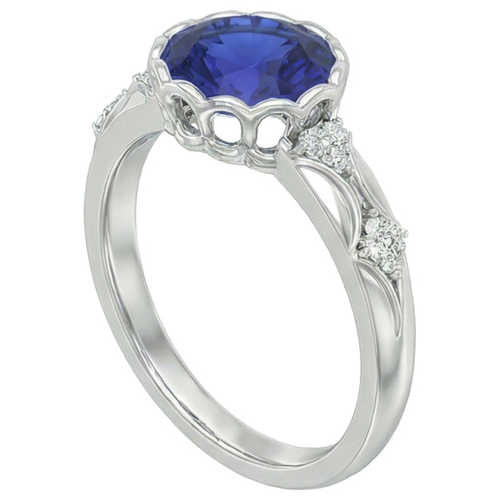 Anello in oro bianco con diamanti da donna. lunetta con zaffiro blu ovale. 3.75 carati
