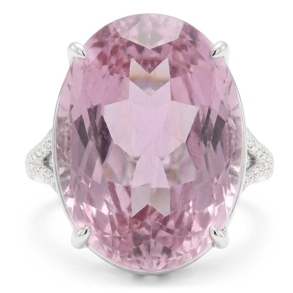 Anello in oro bianco con diamanti kunzite rosa taglio ovale da 20.50 ct 14K