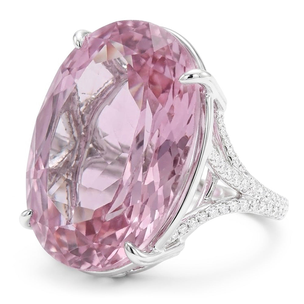Anello in oro bianco con diamanti kunzite rosa taglio ovale da 20.50 ct 14K