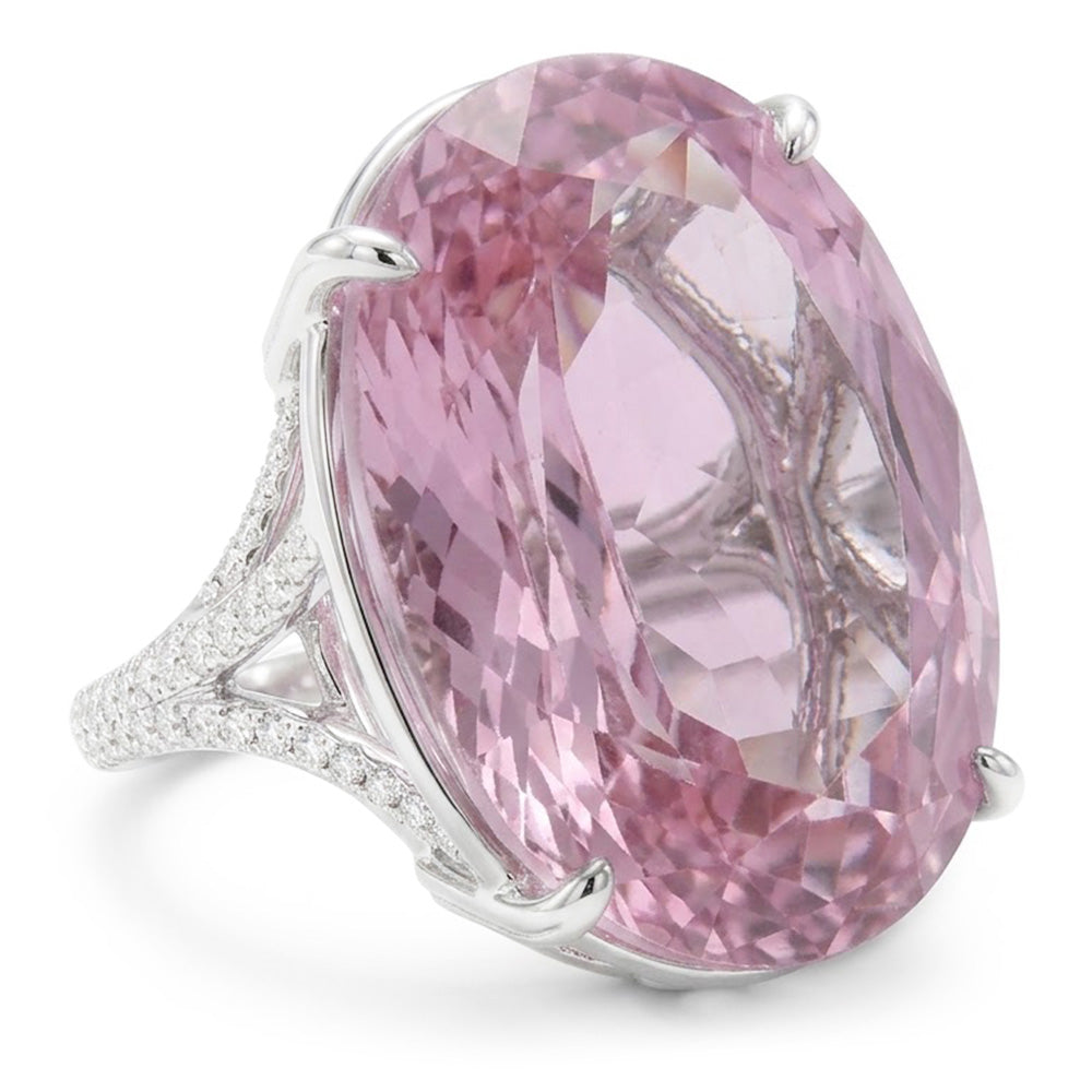 Anello in oro bianco con diamanti kunzite rosa taglio ovale da 20.50 ct 14K