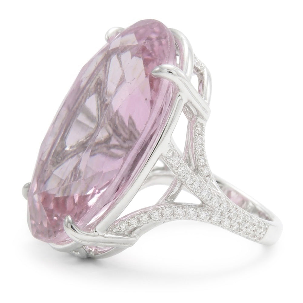 Anello in oro bianco con diamanti kunzite rosa taglio ovale da 20.50 ct 14K