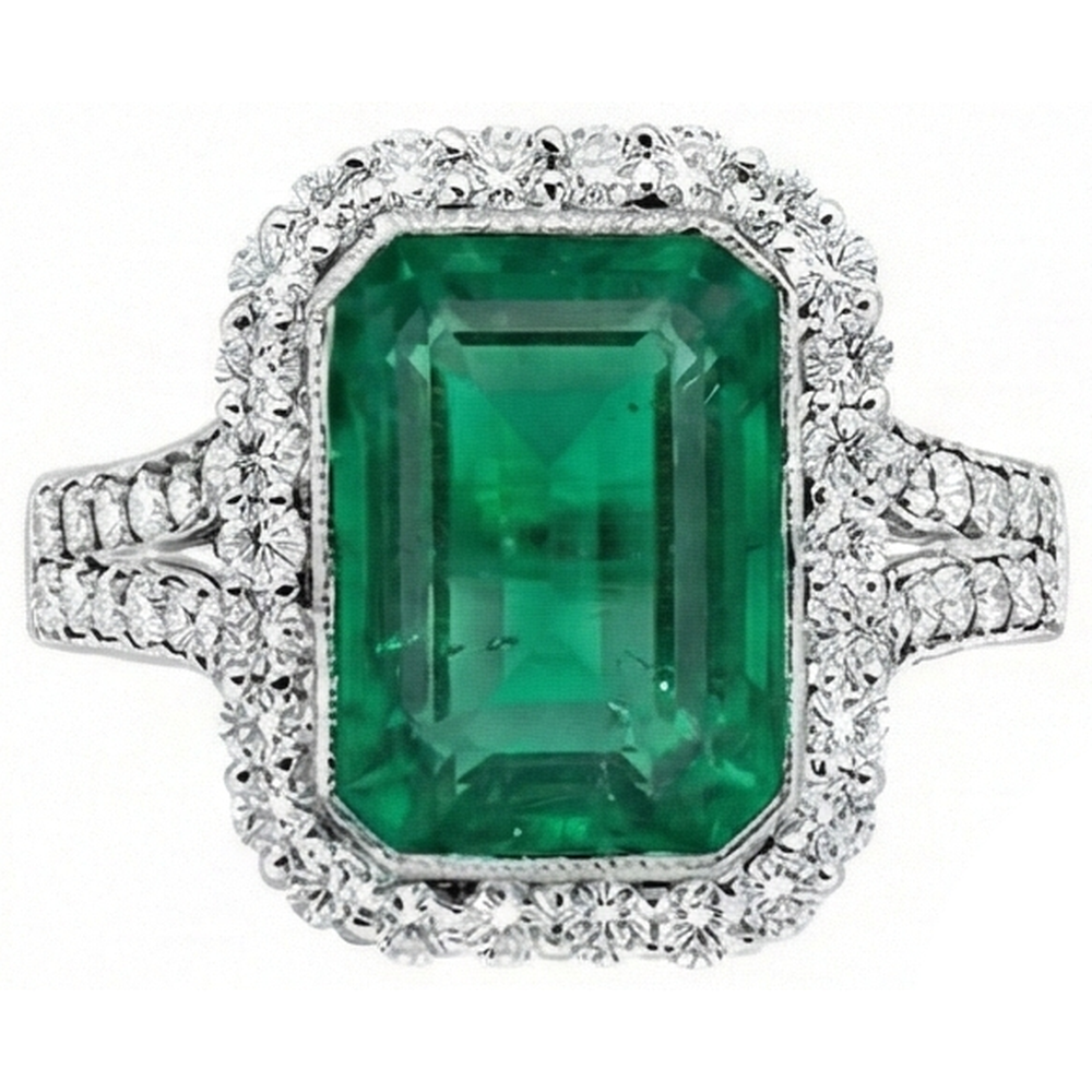 Anello in oro bianco con pietre preziose verde smeraldo e diamanti 5.80 carati