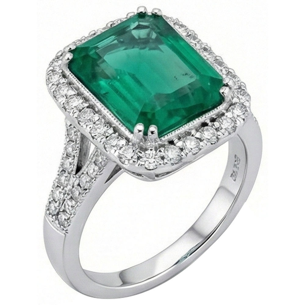 Anello in oro bianco con pietre preziose verde smeraldo e diamanti 5.80 carati