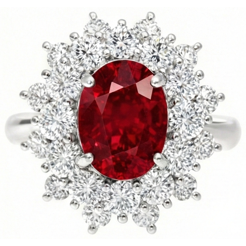 Anello in oro bianco con rubino rosso naturale da 6.50 ct con diamanti