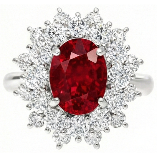 Anello in oro bianco con rubino rosso naturale da 6.50 ct con diamanti