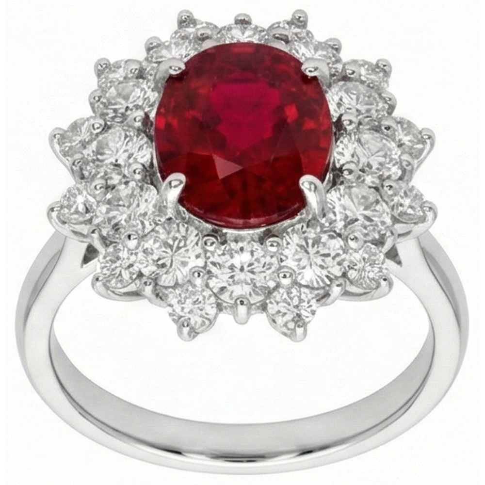 Anello in oro bianco con rubino rosso naturale da 6.50 ct con diamanti